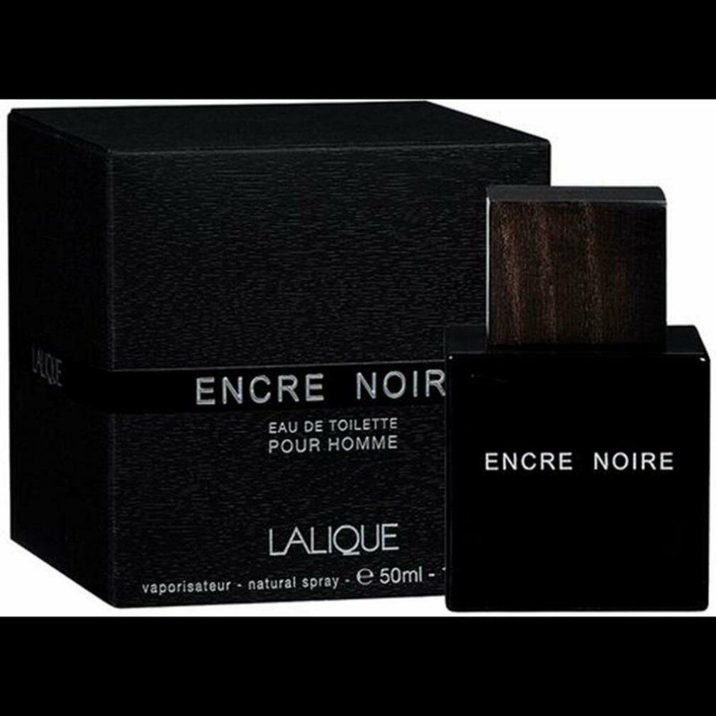 Schwarzer Flakon und Verpackung. Aufschrift: Encre Noire, Eau de Toilette Pour Homme, Lalique. Holzverschluss.