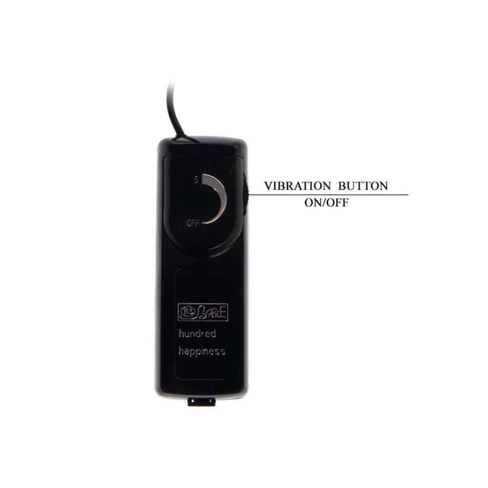 Schwarzes Bedienfeld mit Ein/Aus-Schalter. Text: VIBRATION BUTTON ON/OFF. Logo: hundred happiness.