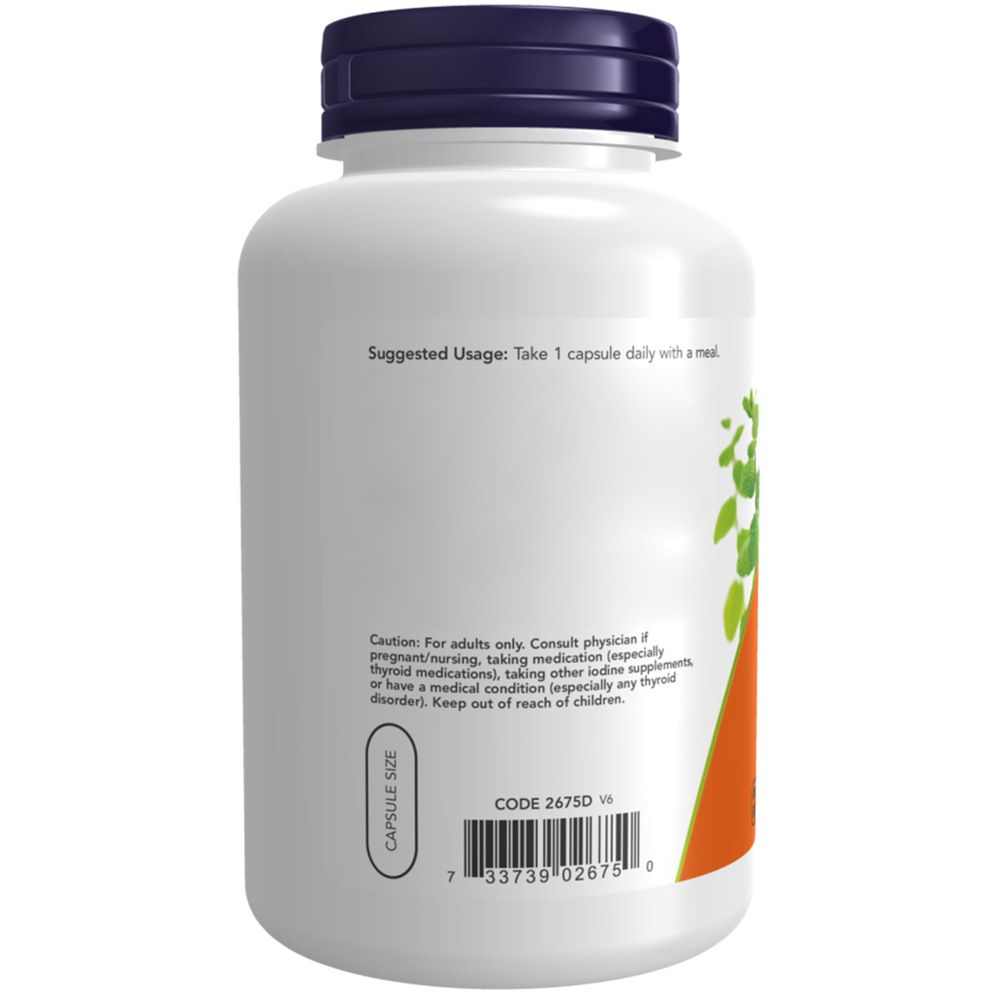 Rückseite der Flasche. Aufschrift "Suggested Usage". Barcode und Informationen zur Kapselgröße. Logo "NOW".