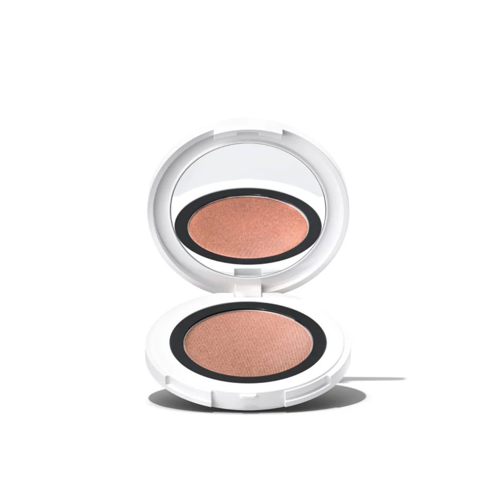 Runder, weißer Kosmetikbehälter mit Spiegel und braunem Lidschatten. Schwarzer Rand um den Lidschatten.