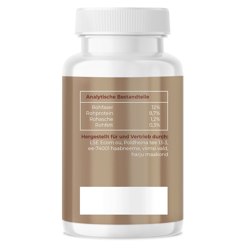 Braune Tablettenflasche mit weißem Deckel. Text: Analytische Bestandteile, Rohfaser, Rohprotein, Rohasche, Rohfett. Herstellerinformationen.