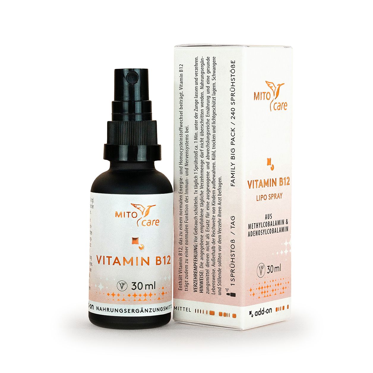 MITOcare Vitamin B12 Lipo Spray, dunkle Glasflasche mit Pumpsprühkopf, 30 ml, mit Umverpackung.