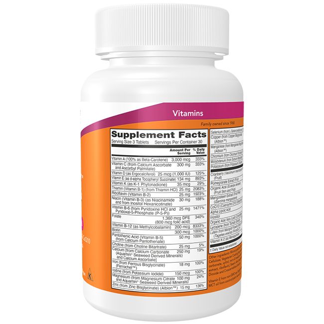 Weiße Flasche mit orangefarbenem Etikett. Aufschrift: EVE Tablets, 180 Tabletten. Enthält Cranberry, Alpha-Liponsäure & CoQ10.