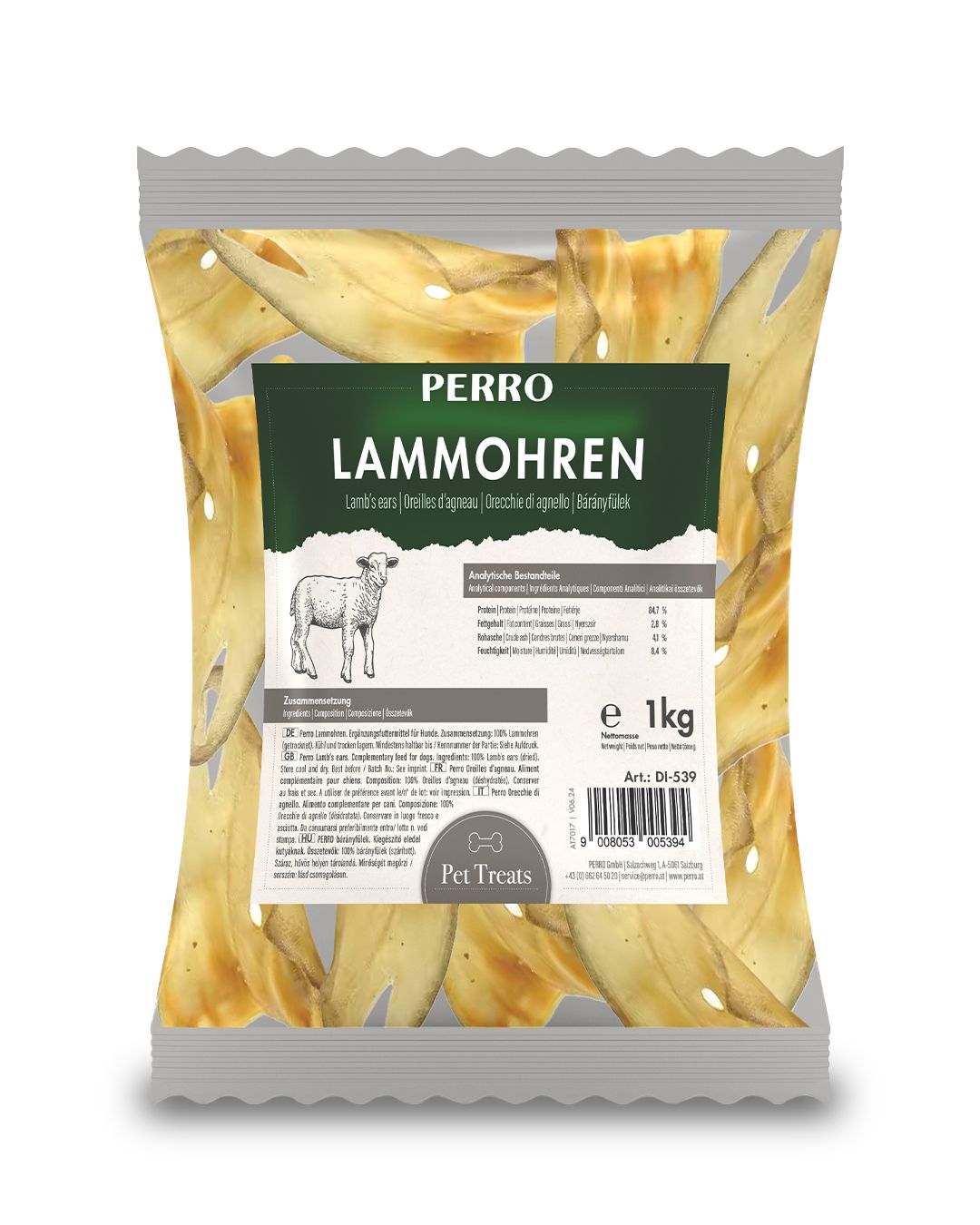 Verpackung mit PERRO Lammohren. Kausnack für Hunde. Enthält getrocknete Lamm-Ohren. Aufdruck mit Produktname, Inhaltsstoffen, und einem Lamm.