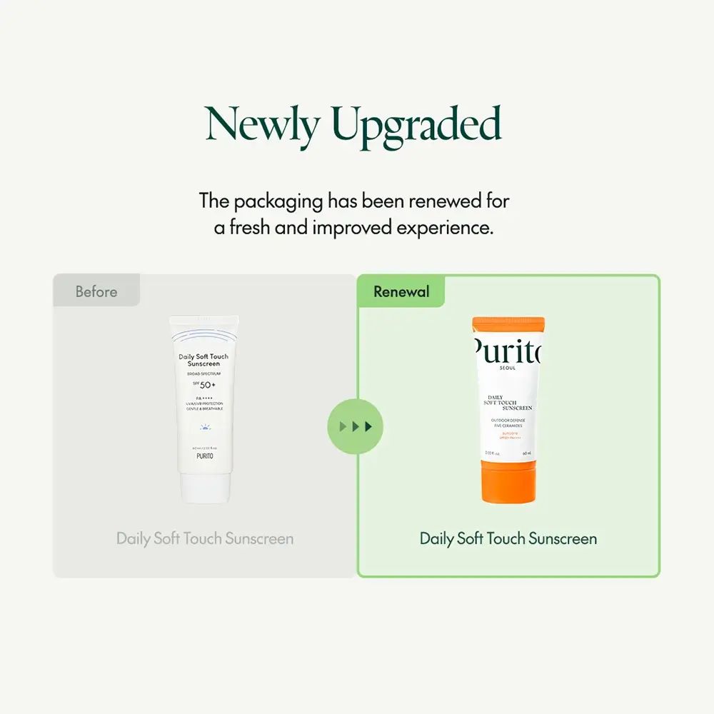 Vergleich von Sonnencreme-Verpackungen. Links: Vorher. Rechts: Erneuert. Beide zeigen Daily Soft Touch Sunscreen.