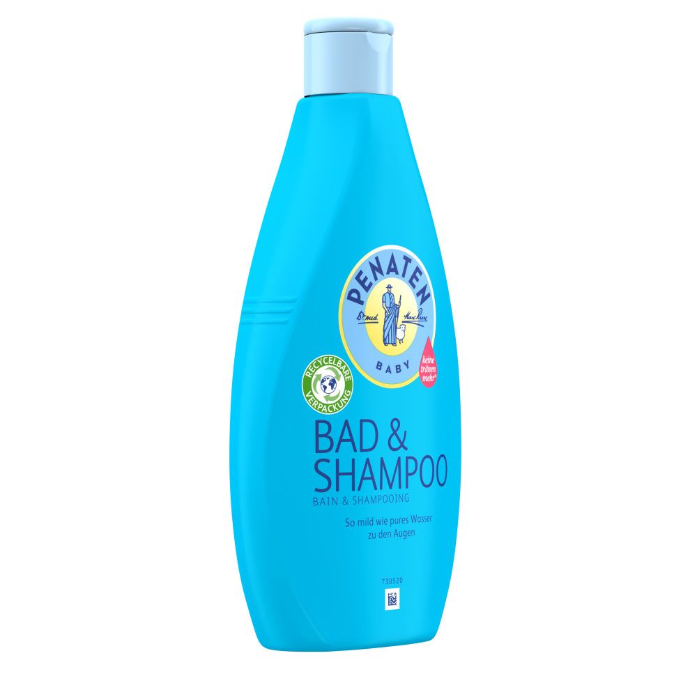 Hellblaue Flasche mit blauem Klappverschluss. Aufschrift: Penaten Baby Bad & Shampoo. Logo mit Figur. Siegel: Hautverträglichkeit.