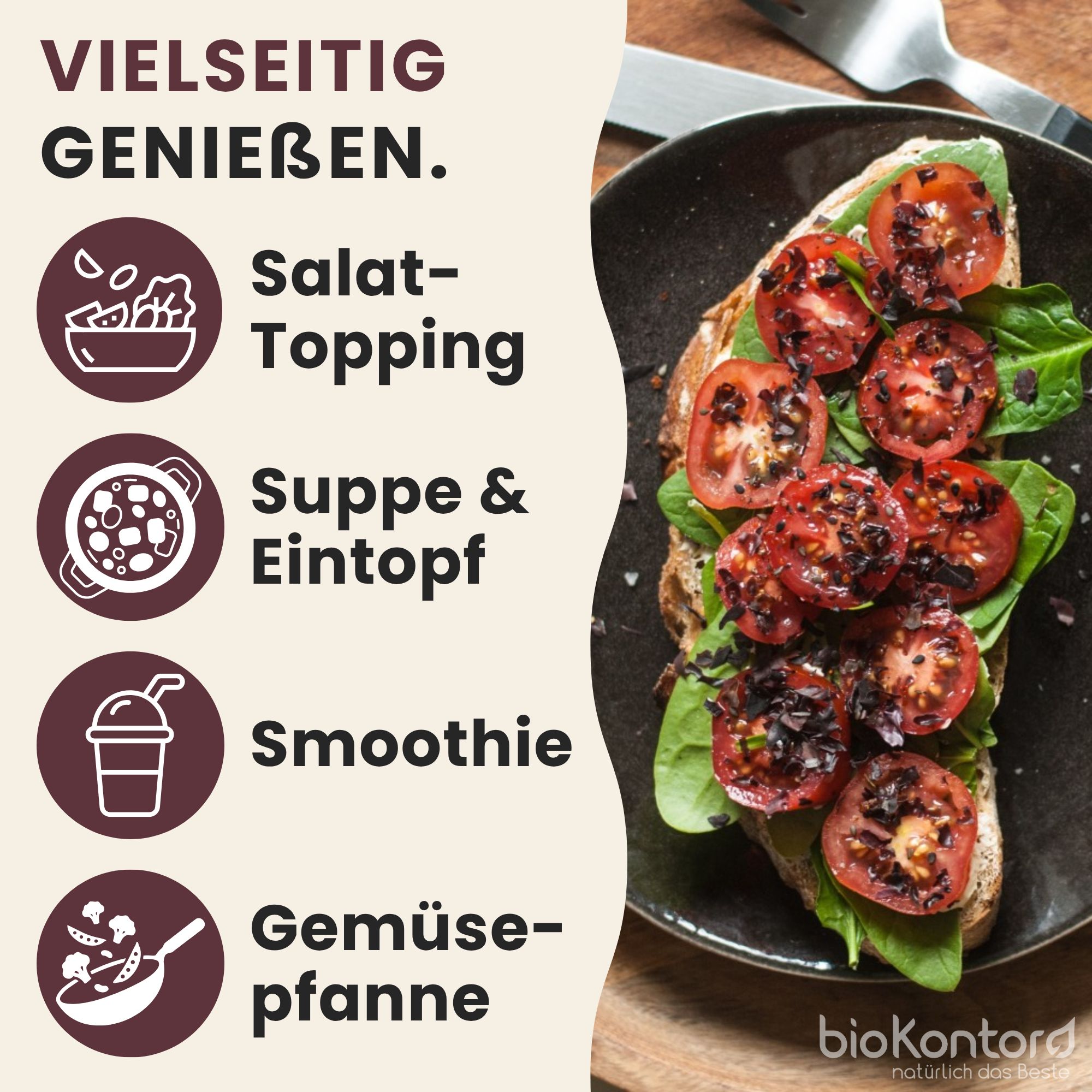 Dulseflocken als Salat-Topping, Suppe, Smoothie oder Gemüsepfanne.