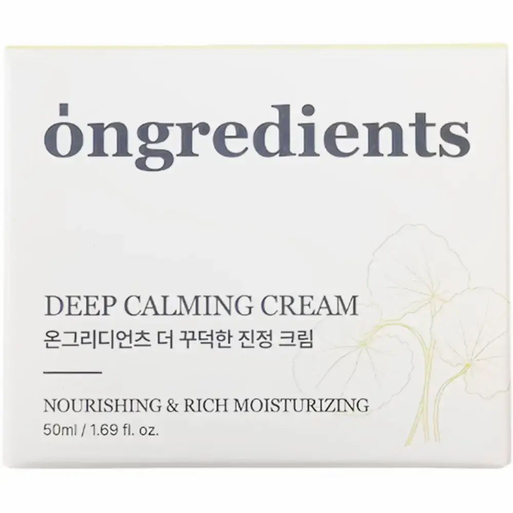 Weiße Verpackung mit Aufschrift: Ongredients, Deep Calming Cream, koreanischer Text, Nourishing & Rich Moisturizing. 50ml. Pflanzliche Illustration.
