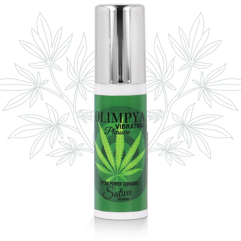 Grüne Flasche mit silberner Kappe. Aufschrift: Olimpya, Vibrating Pleasure, Cannabis Sativa. Hanfblatt-Design.
