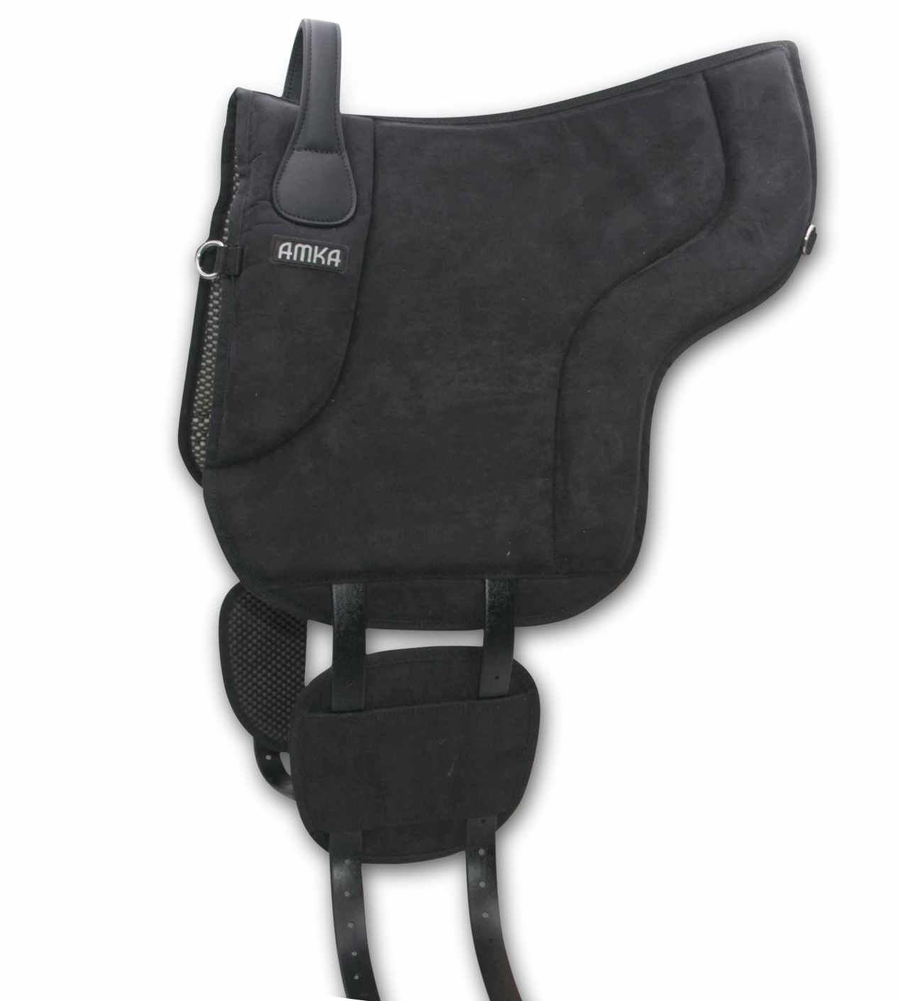 Schwarzes AMKA Wildleder Reitpad. Mit Haltegriff, Gurten und D-Ringen. Logo auf der Seite.