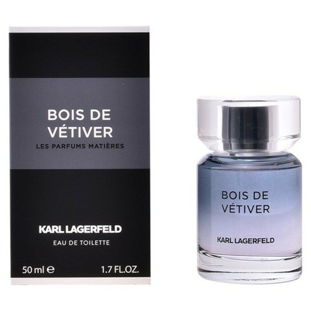 Flakon und Verpackung von Karl Lagerfeld Bois de Vétiver. Flakon mit blau-lila Farbverlauf. Schwarze Verpackung mit Logo.