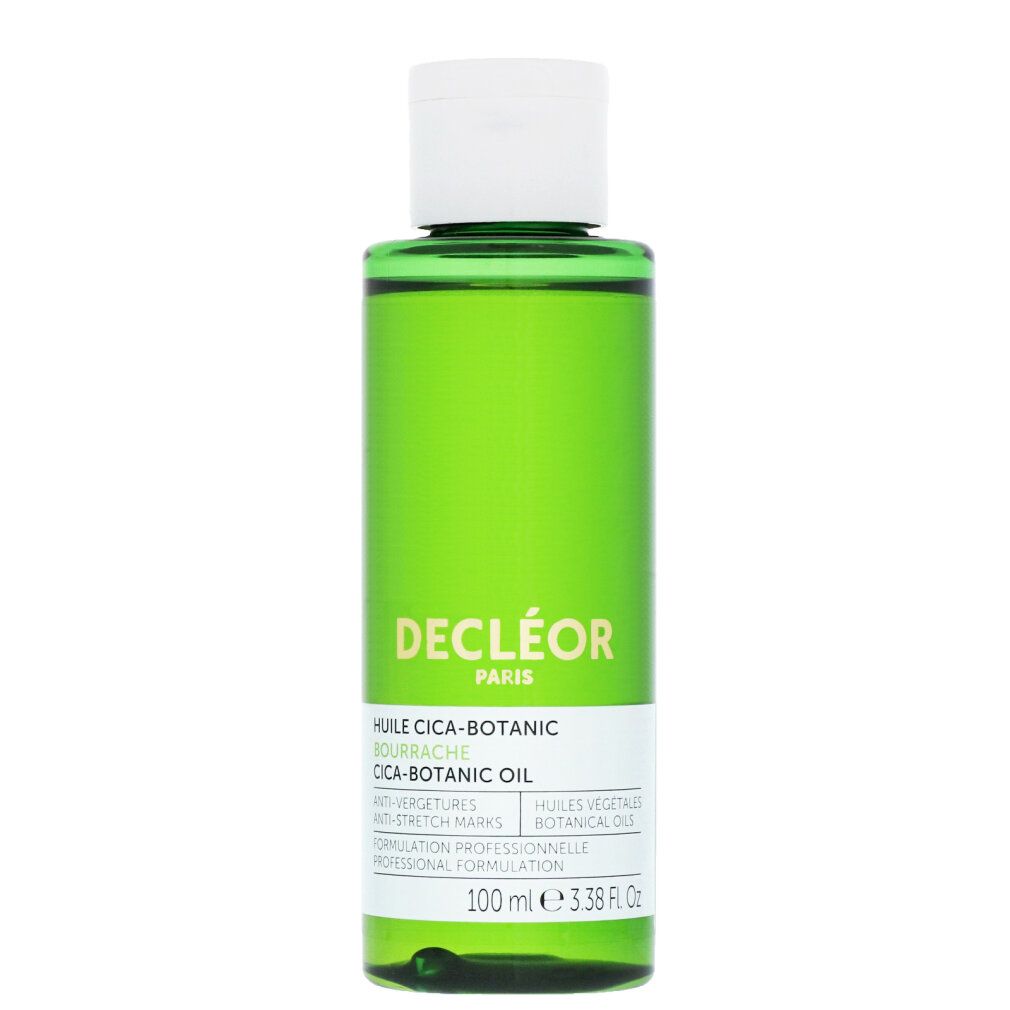 Grüne Glasflasche mit weißem Deckel. Etikett mit Produktnamen und Text. Enthält 100 ml. Marke Decleor.