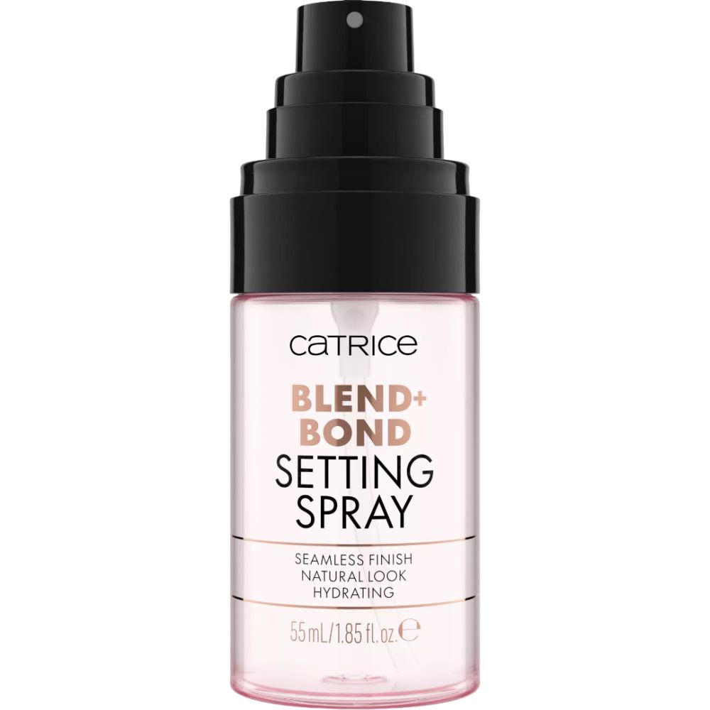 Catrice Blend + Bond Setting Spray. Transparente Flasche mit schwarzem Sprühkopf. Schriftzug: Blend + Bond, Setting Spray, Seamless Finish, Natural Look, Hydrating.