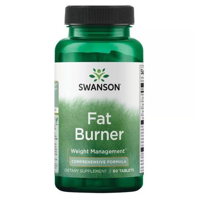 Grüne Tablettenflasche mit schwarzem Deckel. Aufschrift: SWANSON, Fat Burner, Weight Management, 60 Tabletten.