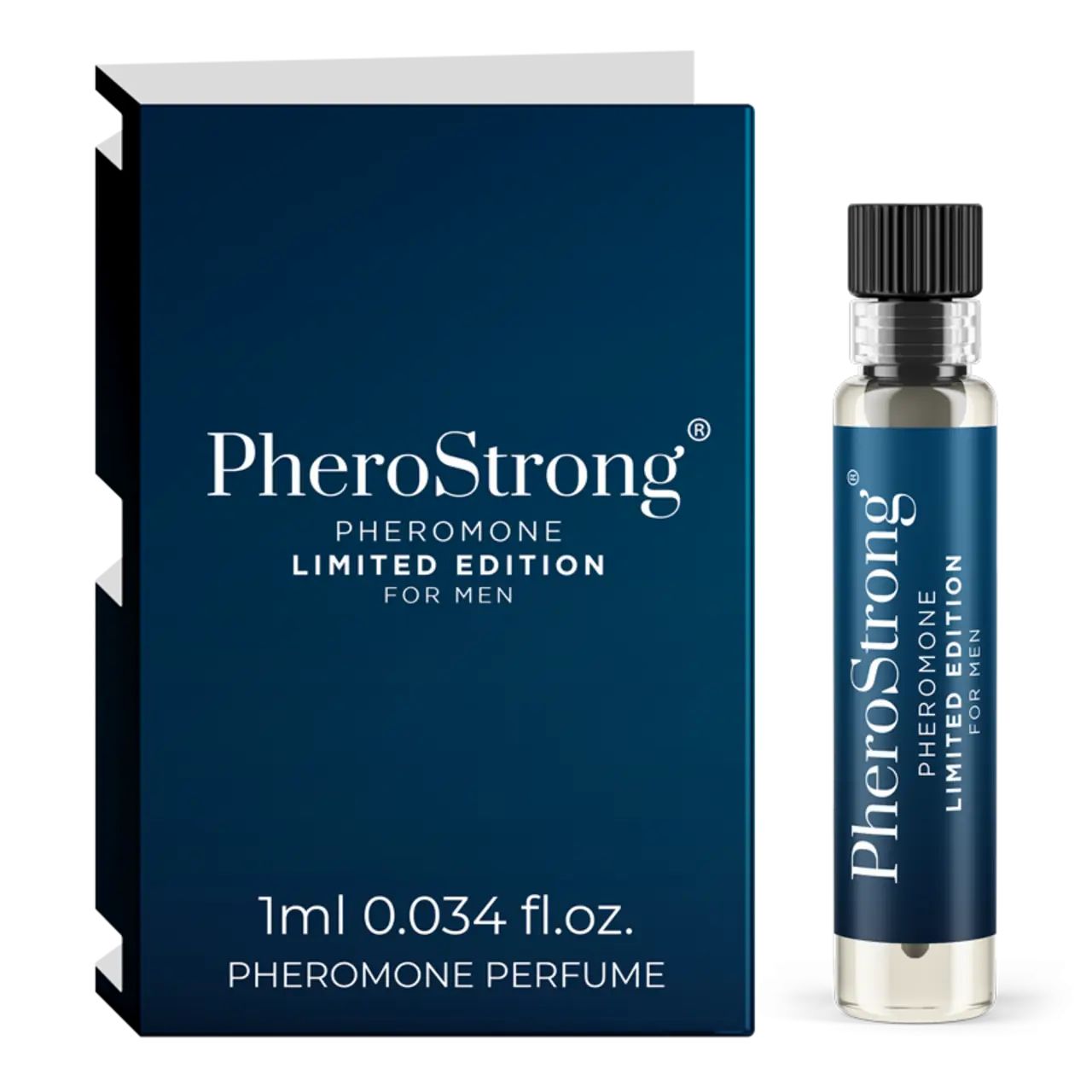 PheroStrong Pheromon Parfüm Limited Edition für Männer, 1ml. Fläschchen und Kartonverpackung.
