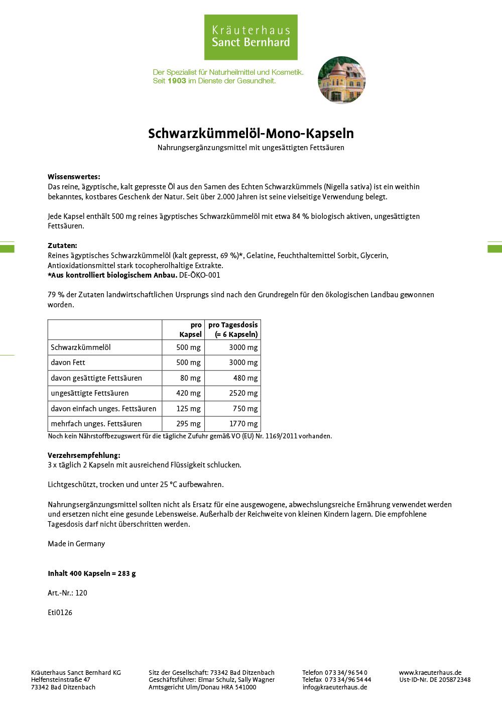 Textdokument mit Informationen zu Schwarzkümmelöl-Mono-Kapseln. Inhaltsstoffe, Nährwerttabelle, Verzehrempfehlung.