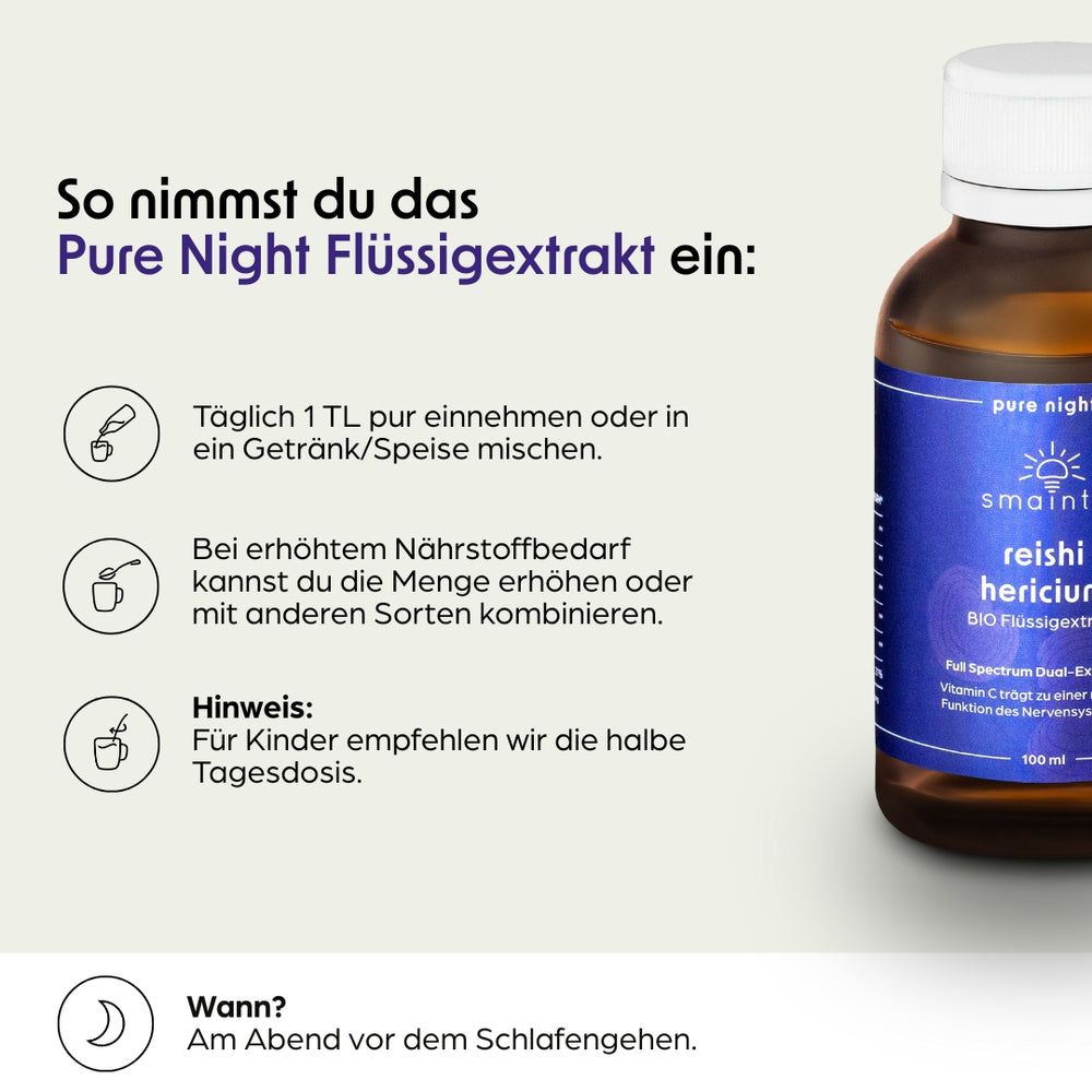 Infografik mit Text und Icons. Zeigt Einnahmeempfehlung: 1 TL in Getränk/Speise. Hinweis: Kinder die halbe Dosis.