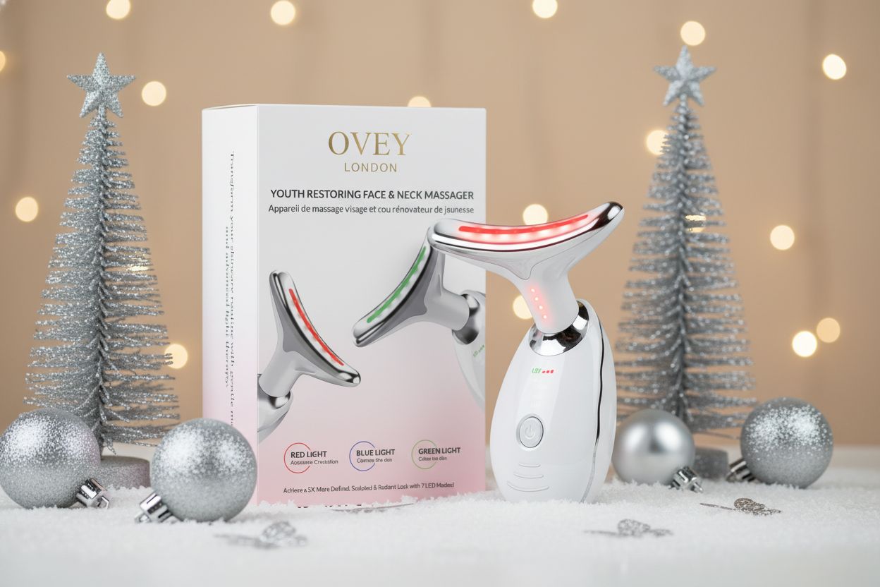 Produkt mit Verpackung und Weihnachtsdekoration. Gerät mit gebogenem Kopf, LED-Anzeige. Verpackung mit Produktabbildung.