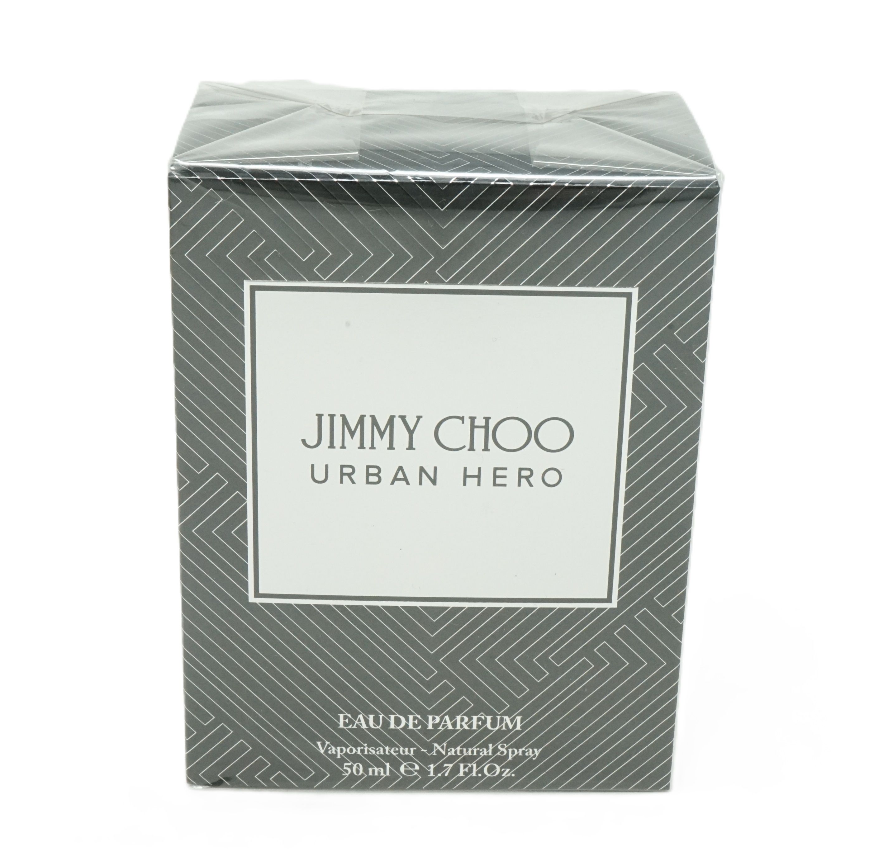 Karton mit weißem Textfeld. Text: Jimmy Choo Urban Hero, Eau de Parfum, 50 ml.