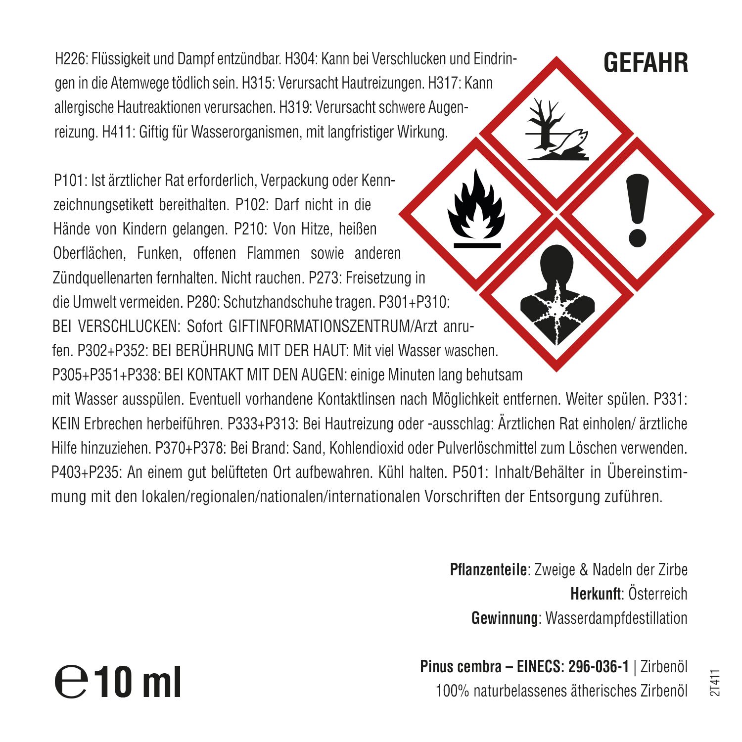 Etikett mit Gefahrensymbolen und Text. Enthält Informationen zu Inhaltsstoffen und Vorsichtsmaßnahmen.
