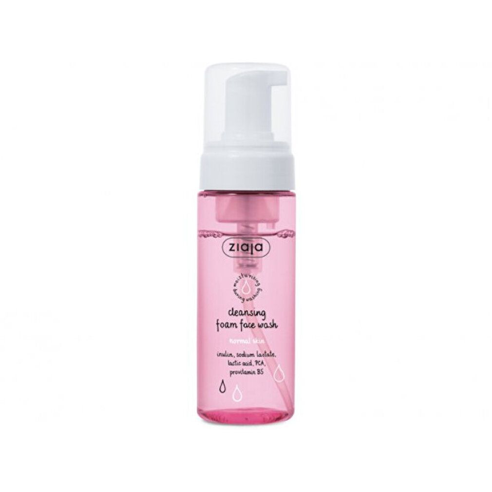 Rosa Flasche mit weißem Pumpspender. Aufschrift: ZIAJA, cleansing foam face wash. Enthält Inhaltsstoffe.