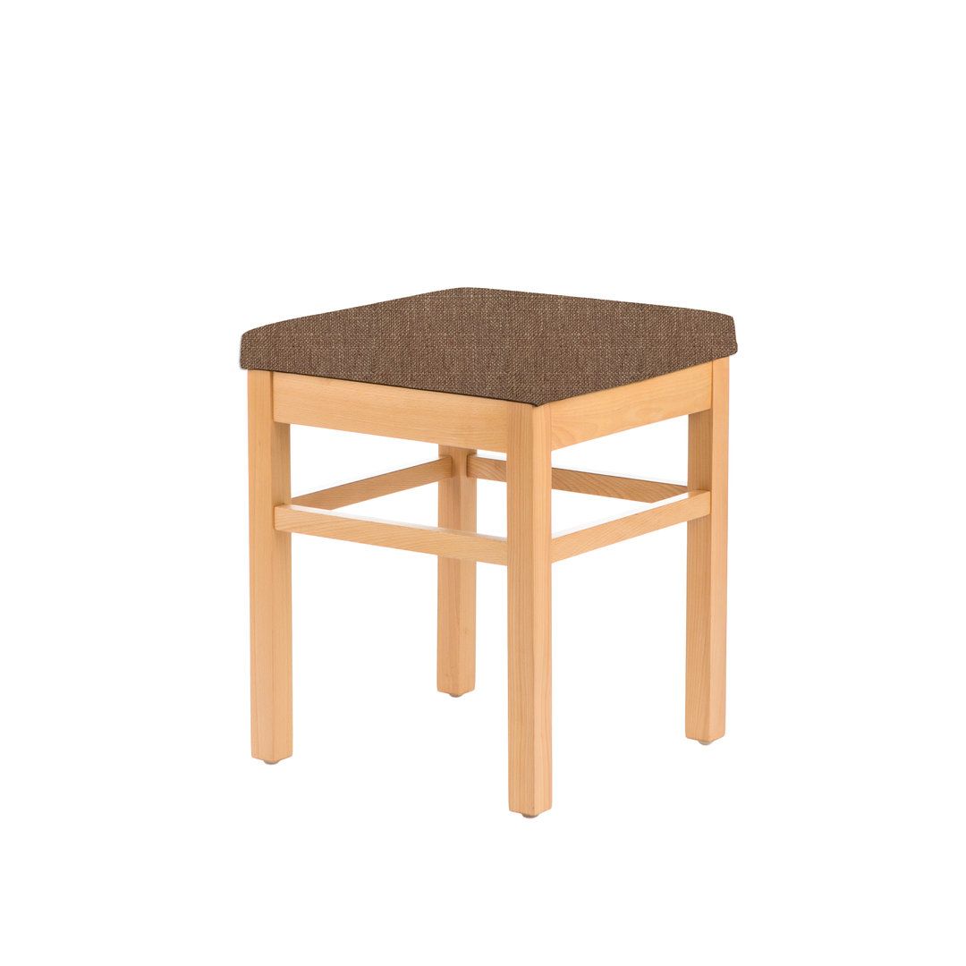 Hocker mit Holzrahmen und braunem Stoffbezug. Quadratische Sitzfläche.