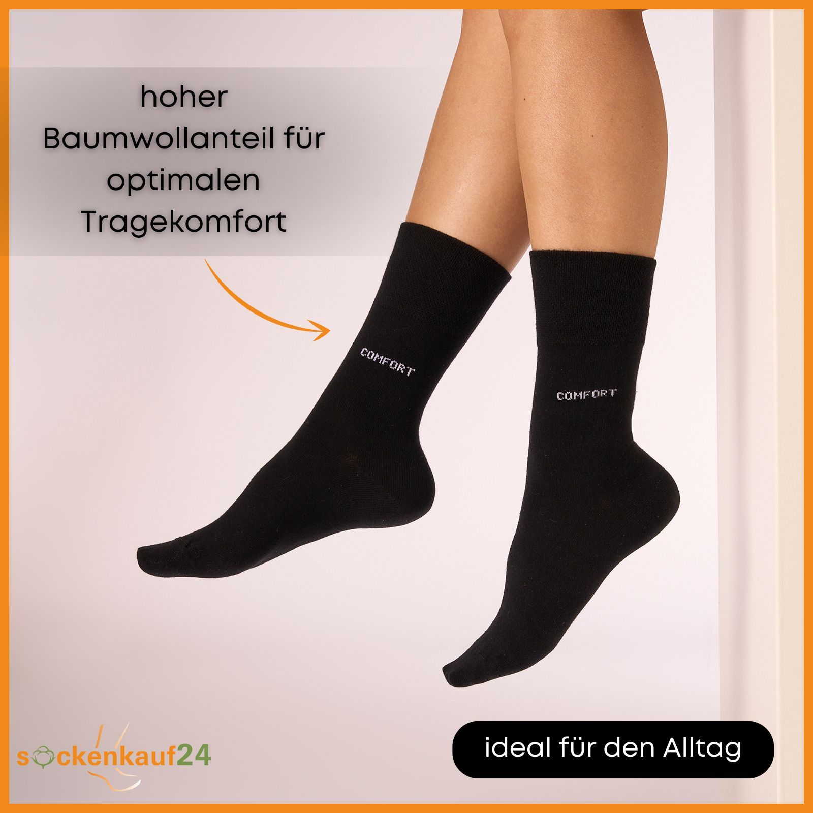 Schwarze Socken am Bein. Aufschrift "COMFORT". Text: "hoher Baumwollanteil für optimalen Tragekomfort". Logo "sockenkauf24".