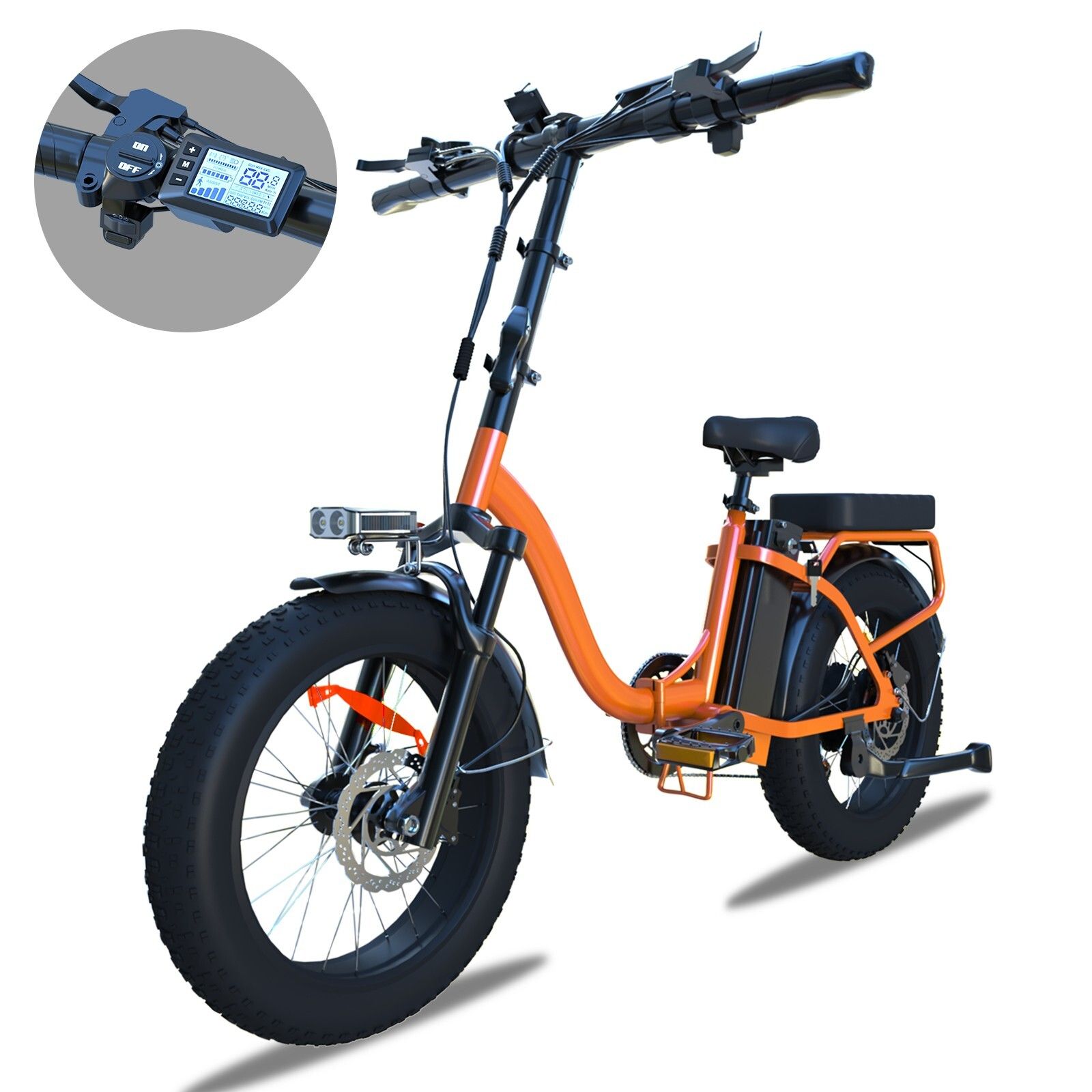 Faltbares E-Bike, orangefarbener Rahmen, schwarze Reifen. Detailansicht des Lenkers mit Display.