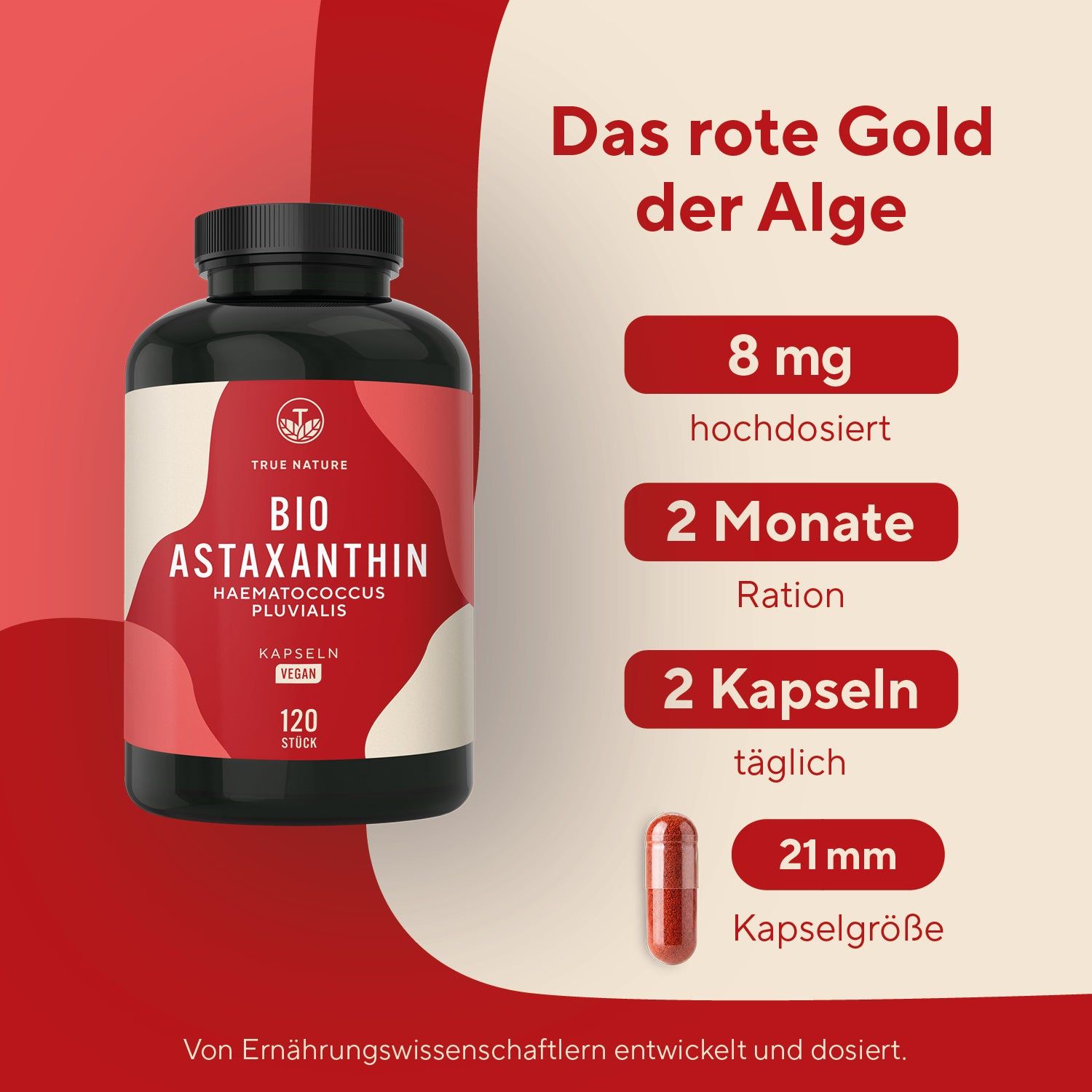 Schwarze Dose mit TRUE NATURE BIO ASTAXANTHIN Kapseln, 120 Stück, vegan.