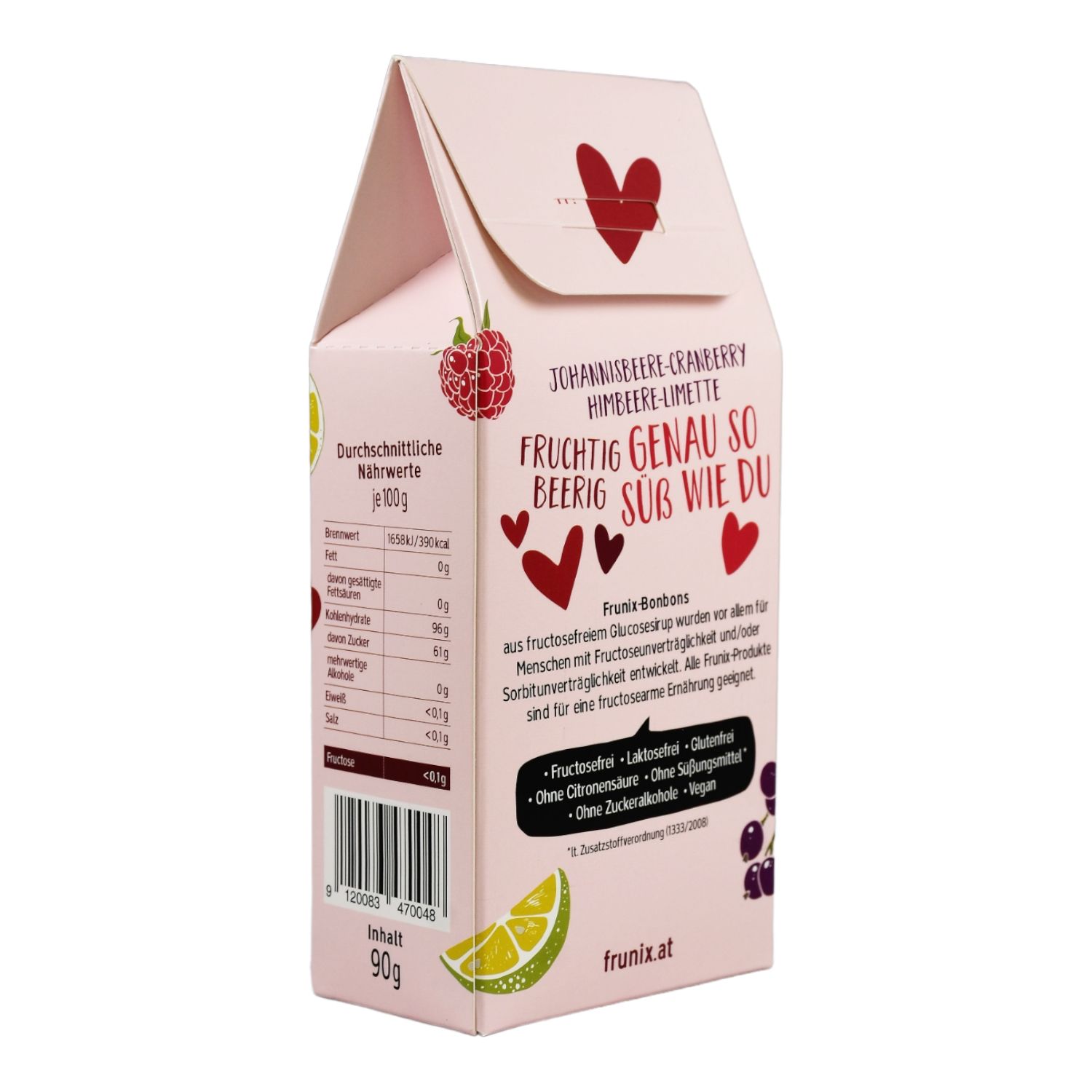 Bonbon-Verpackung mit Nährwertangaben. Aufschrift: Johannisbeere-Cranberry Himbeere-Limette. Text: Fruchtig genau so beerig süß wie du.