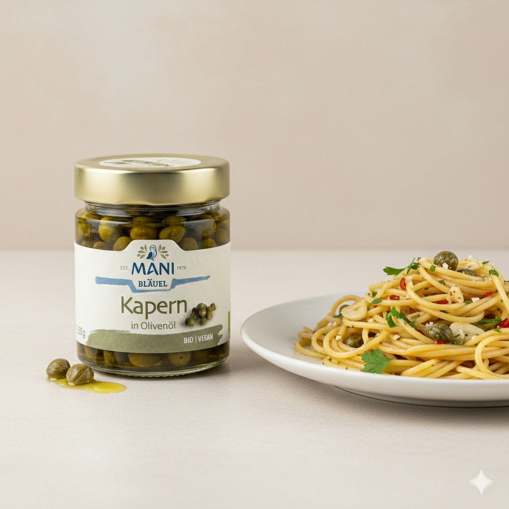 Glas MANI Bio Kapern in Olivenöl neben einem Teller Spaghetti mit Kapern.