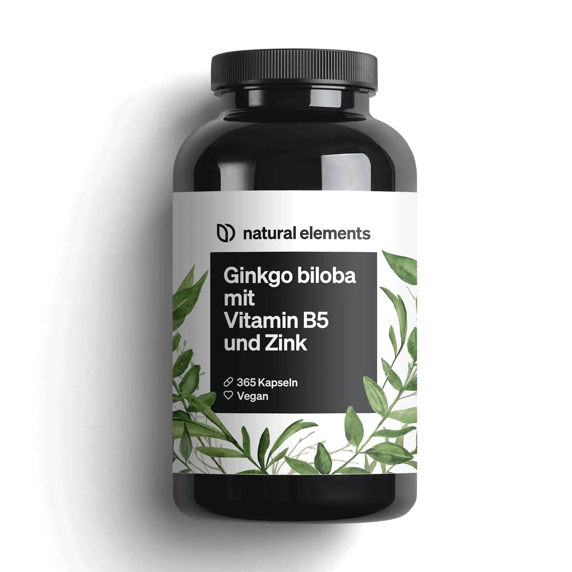 Schwarze Flasche mit Kapseln. Aufschrift: Ginkgo biloba mit Vitamin B5 und Zink. 365 Kapseln, Vegan.