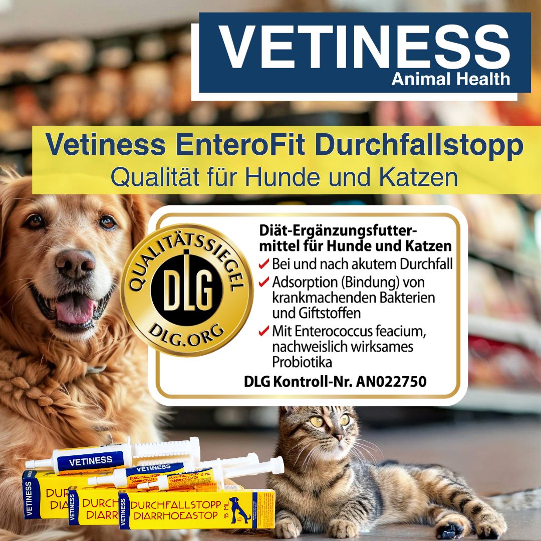 Produktabbildung mit Hund und Katze. Text: Vetiness EnteroFit Durchfallstopp. DLG-Qualitätssiegel. Produktverpackung.