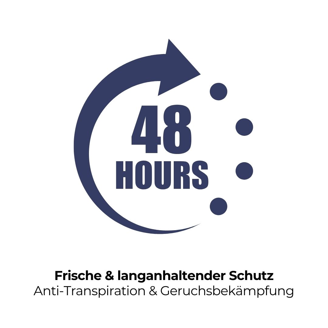 Kreisförmiges Symbol mit Pfeil und Text: 48 HOURS. Frische & langanhaltender Schutz. Anti-Transpiration & Geruchsbekämpfung.