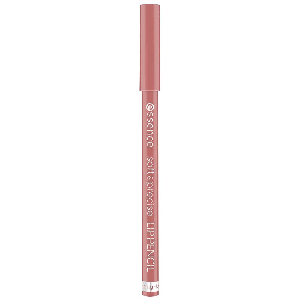 Lippenkonturenstift, rosa, mit Kappe. Aufschrift: essence soft & precise LIP PENCIL. Kappe und Stiftende in gleicher Farbe.