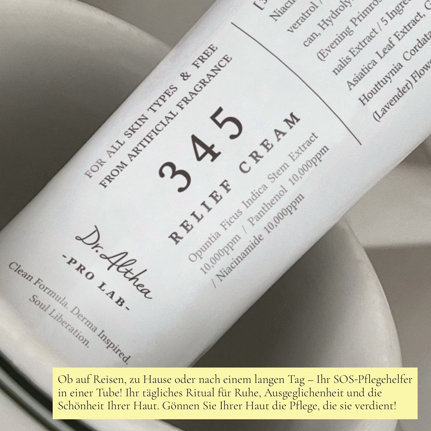 Nahaufnahme Tube Dr. Althea 345 Relief Cream. Text: Für alle Hauttypen, frei von künstlichen Duftstoffen.