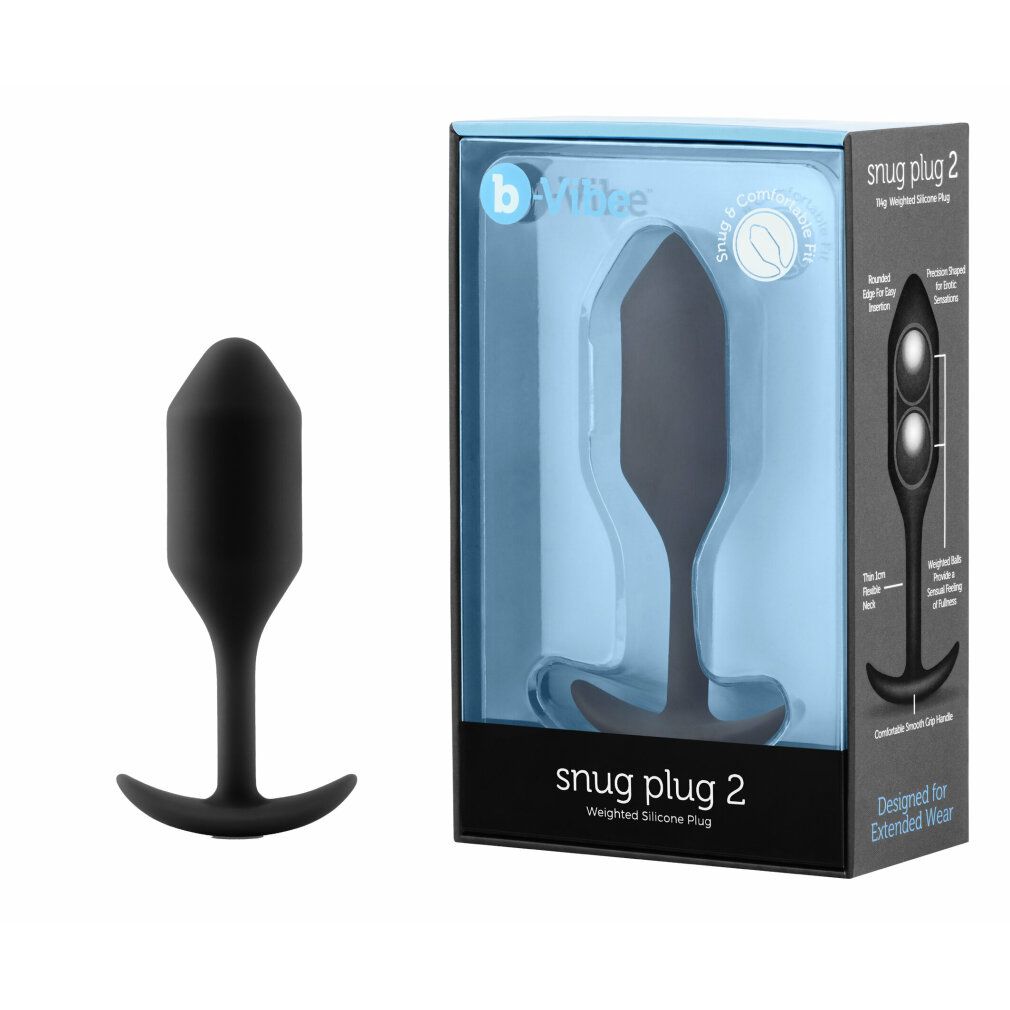 Schwarzer Plug neben Verpackung. Verpackung mit Produktname 'snug plug 2' und Marke 'b-Vibe'.