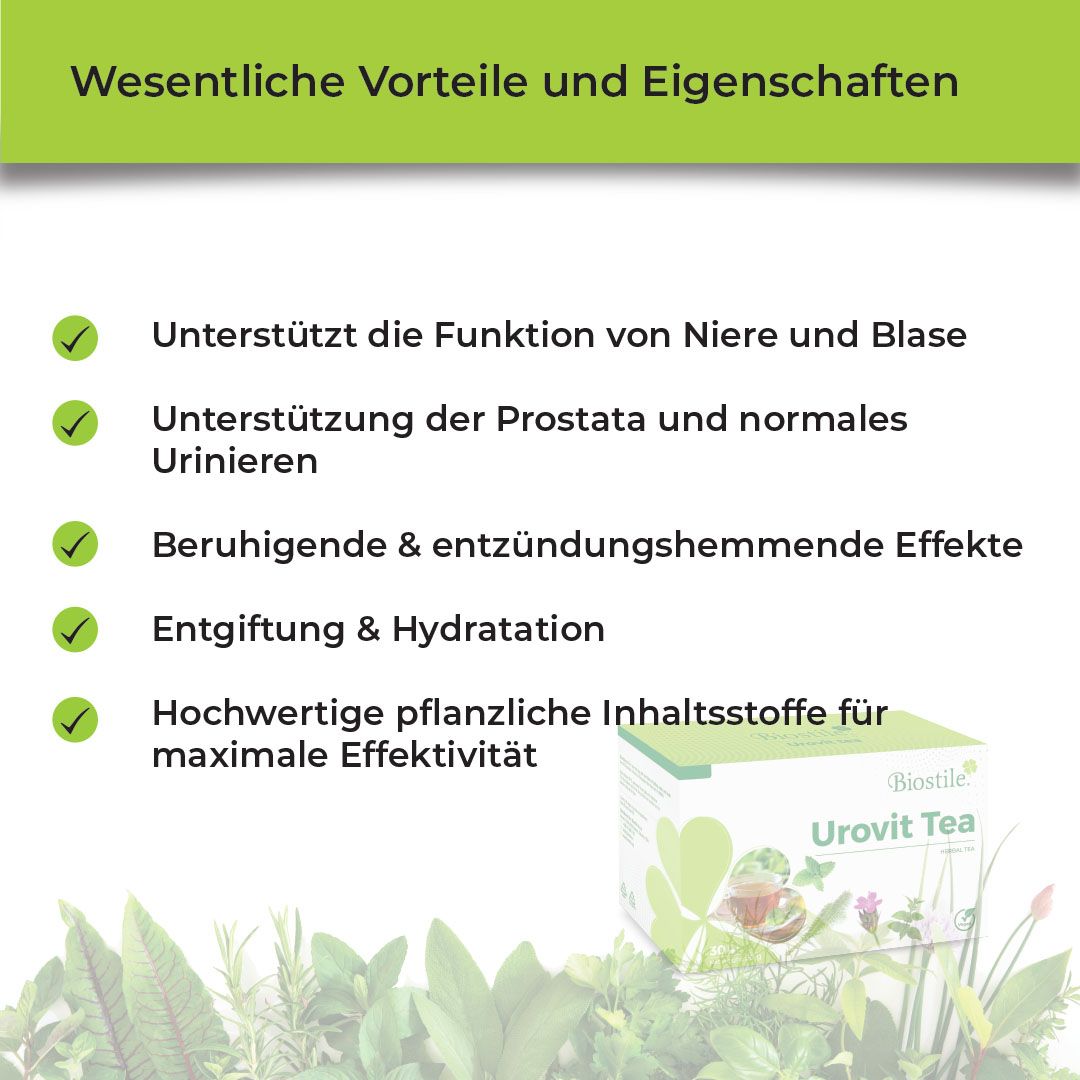 Infografik: Vorteile und Eigenschaften von Urovit Tee. Unterstützt Nieren, Prostata, entgiftend, hydratisierend, pflanzliche Inhaltsstoffe.