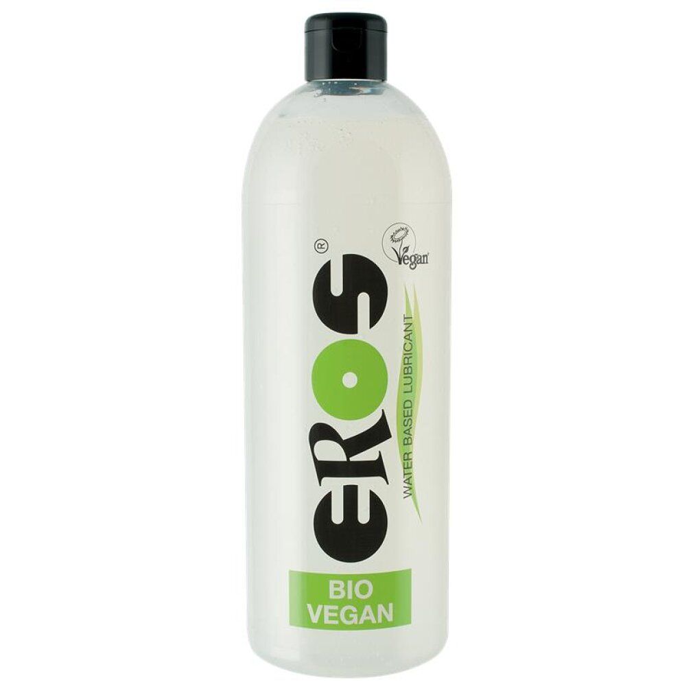 Eros Gleitmittel: Wasserbasierte Formel, Bio & Vegan zertifiziert. Transparente Flasche mit schwarzem Verschluss.