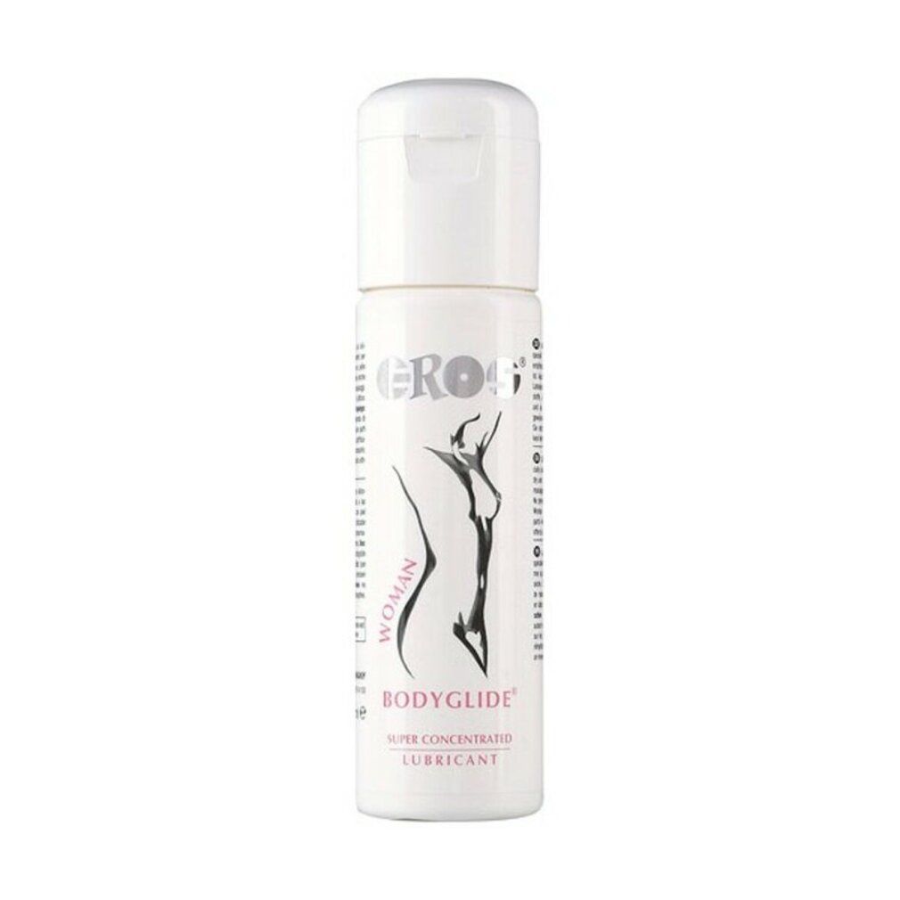 Weiße Flasche mit Klappverschluss. Aufschrift: EROS, BODYGLIDE, WOMAN, Abbildung einer Frau. Produktname und weitere Informationen.