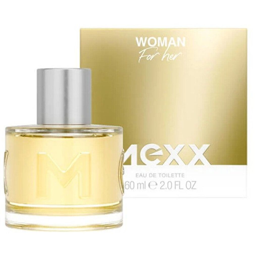MEXX Woman Eau de Toilette Flakon und Verpackung. Flakon mit silbernem Verschluss. Aufschrift: MEXX, 60 ml.