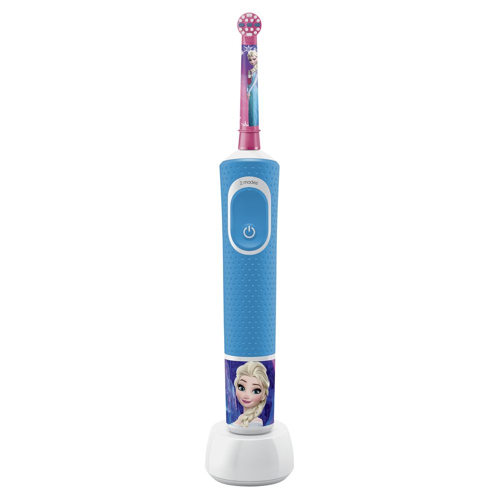 Hellblaue elektrische Zahnbürste mit Frozen-Motiv und Ladestation. Auf dem Griff ist eine Elsa-Figur abgebildet.