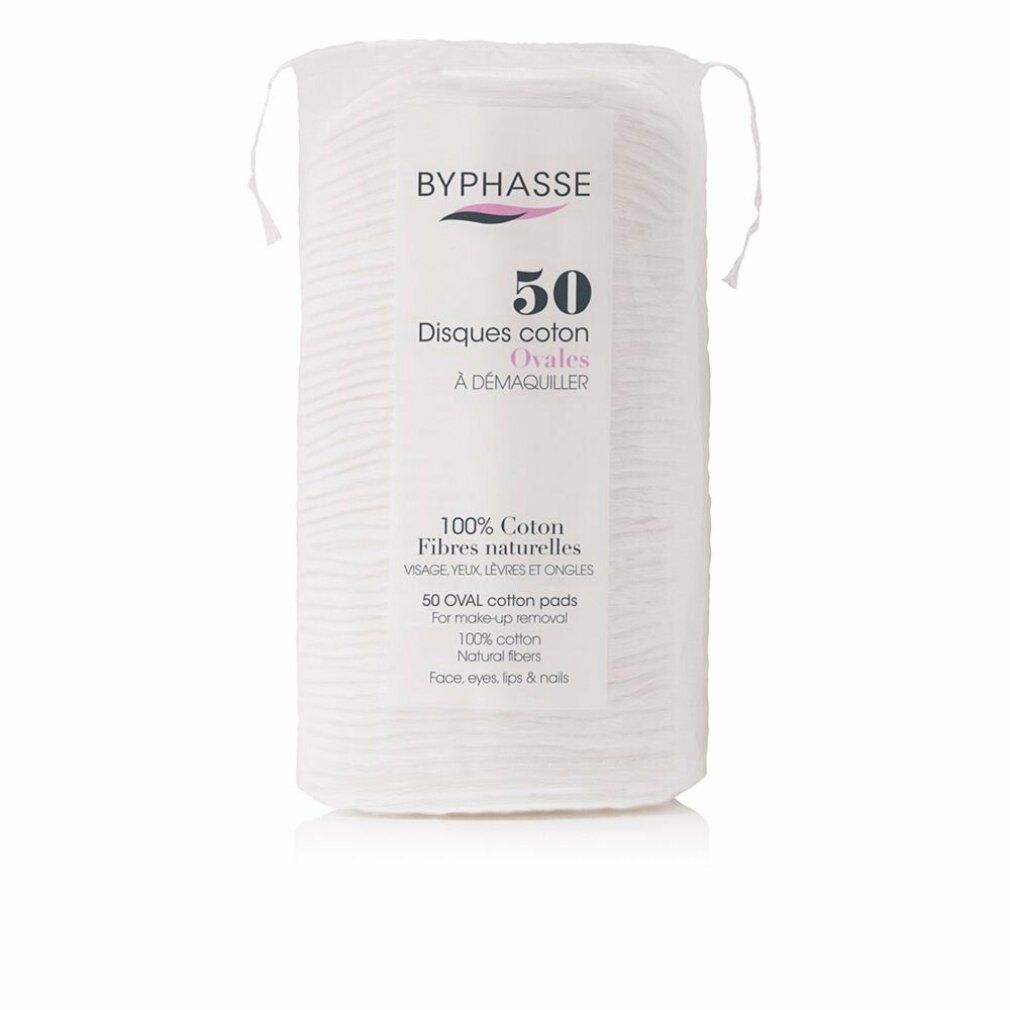 Beutel mit ovalen Wattepads. Aufdruck: BYPHASSE, 50, Disques coton, À DÉMAQUILLER, 100% Coton, Fibres naturelles. Für Gesicht, Augen, Lippen & Nägel.