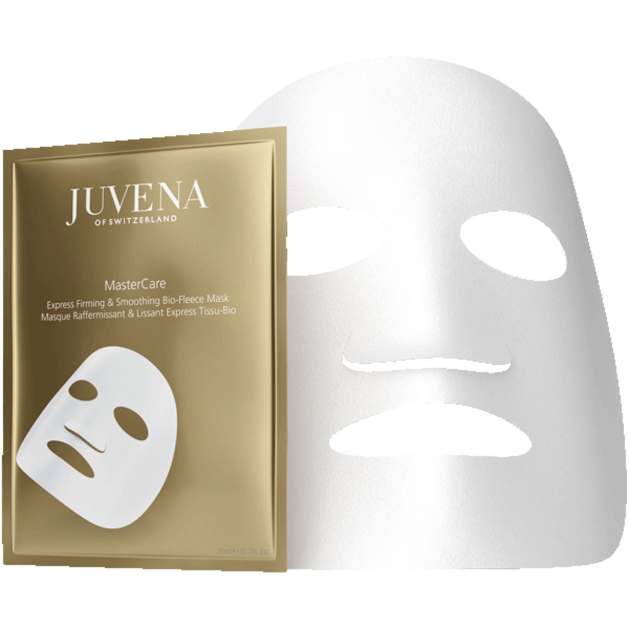Gesichtsmaske und Verpackung. Marke: Juvena of Switzerland. Text: Express Firming & Smoothing Bio-Fleece Mask.