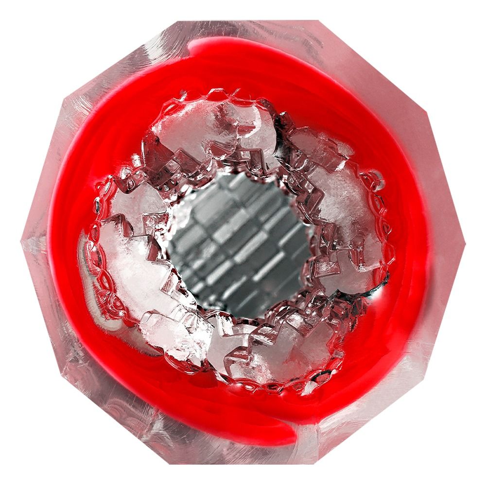 Nahaufnahme des TENGA Spinner Deluxe Masturbators, rote Einfassung mit silberner Innenstruktur.