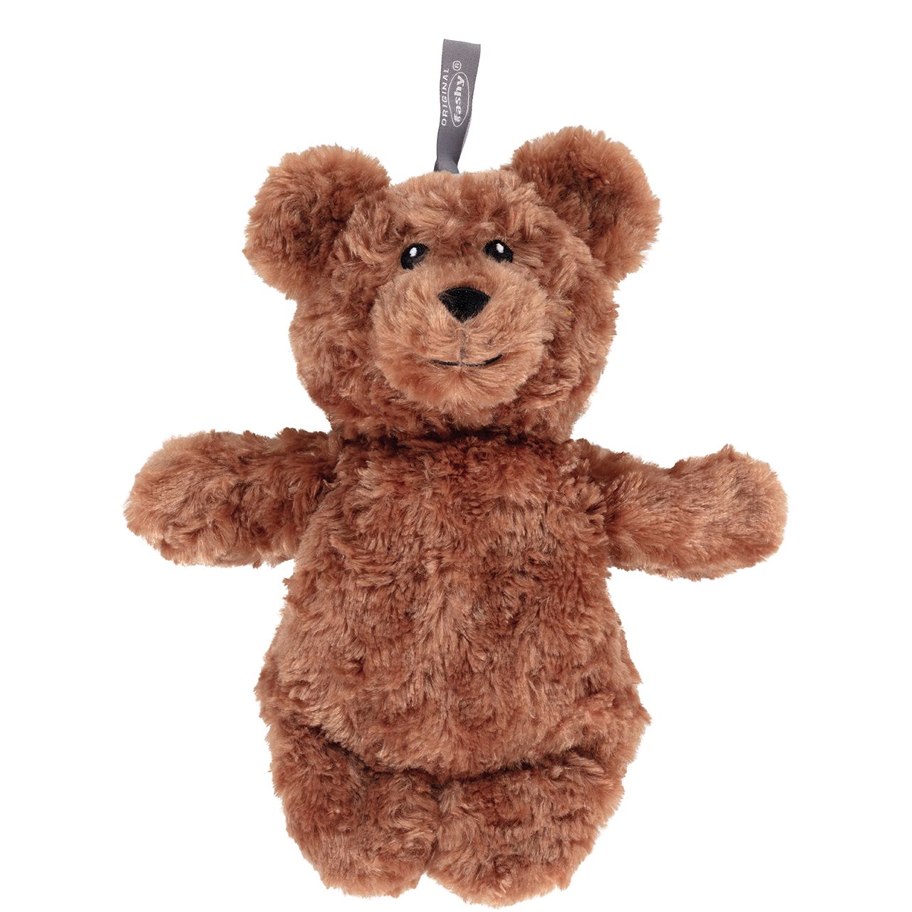 Brauner Teddybär mit Ohren, Augen, Nase und Mund. Graues Band mit Text 'Fashy'. Helle Umgebung.