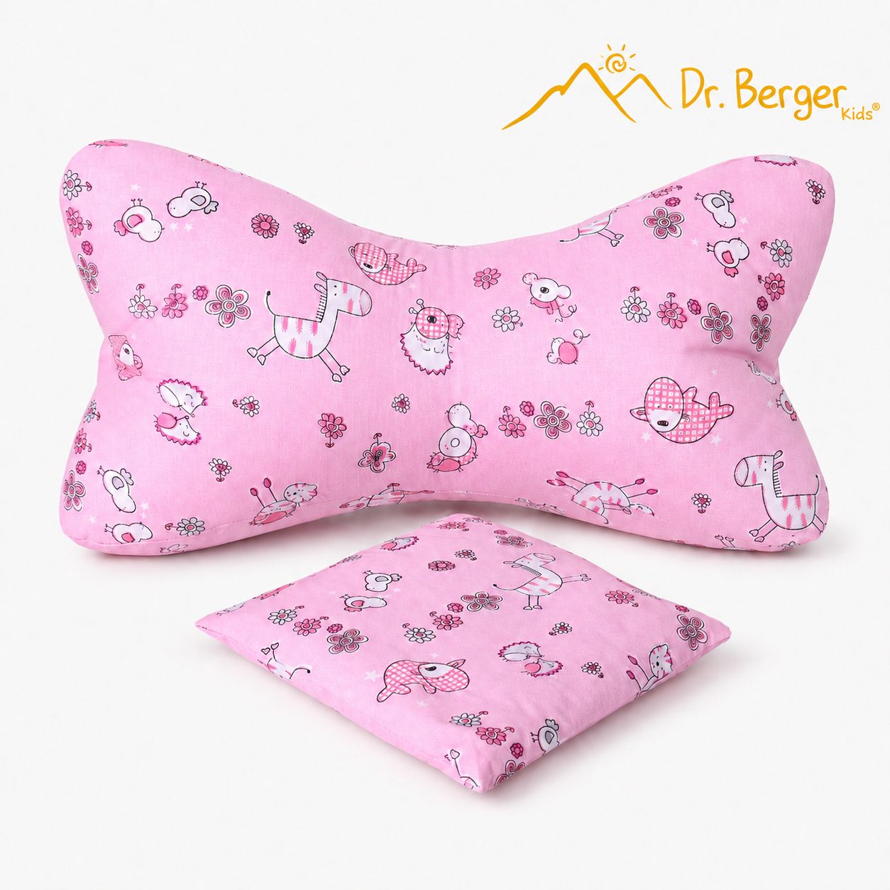 Zwei rosa Kissen mit Tiermotiven: ein Nackenkissen und ein Kirschkernkissen.