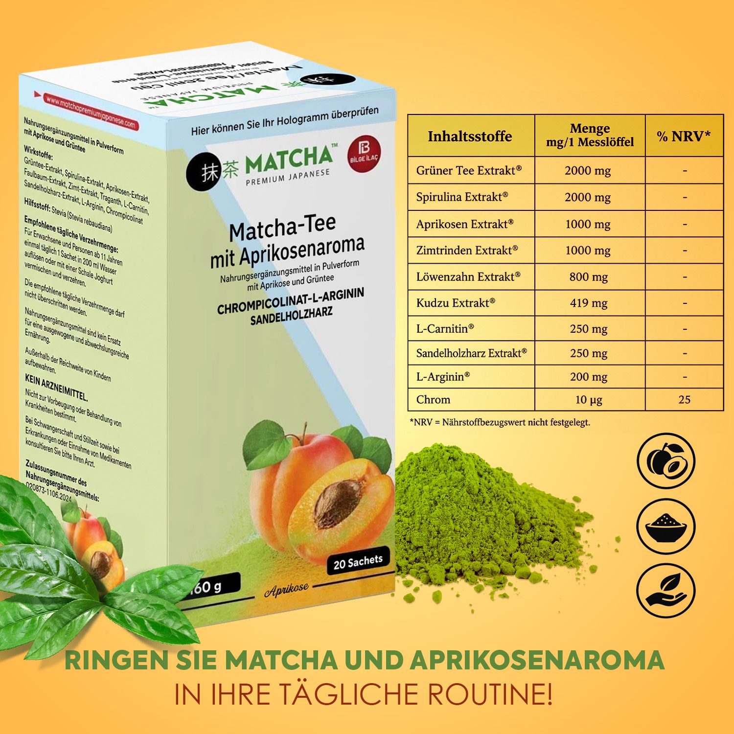 Bilge İlaç Matcha Tee mit Aprikosenaroma