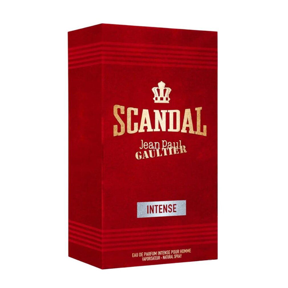 Rote rechteckige Verpackung mit goldfarbener Aufschrift "SCANDAL" und "Jean Paul Gaultier".