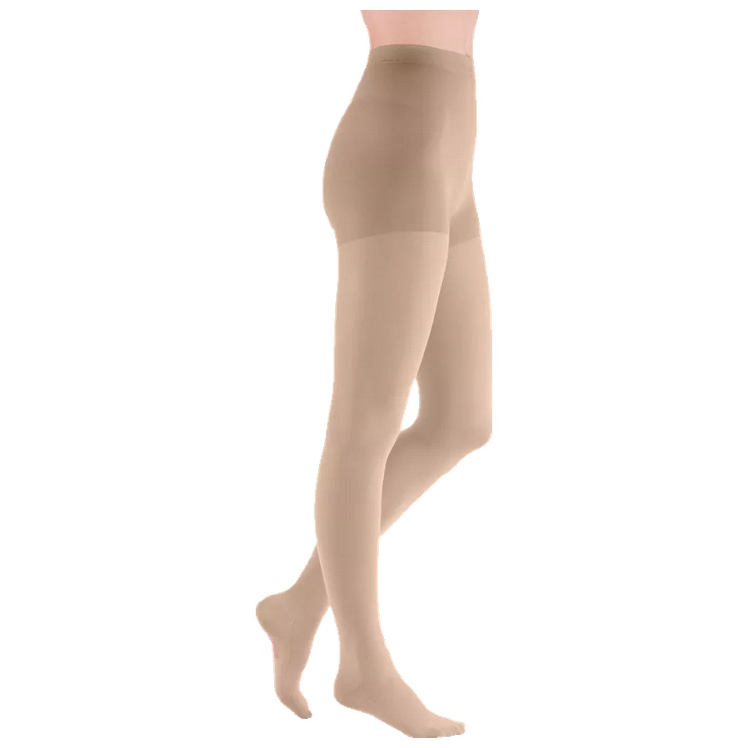 Hautfarbene Kompressionsstrumpfhose. Seitliche Ansicht. Zeigt das Produkt am Bein einer Person.